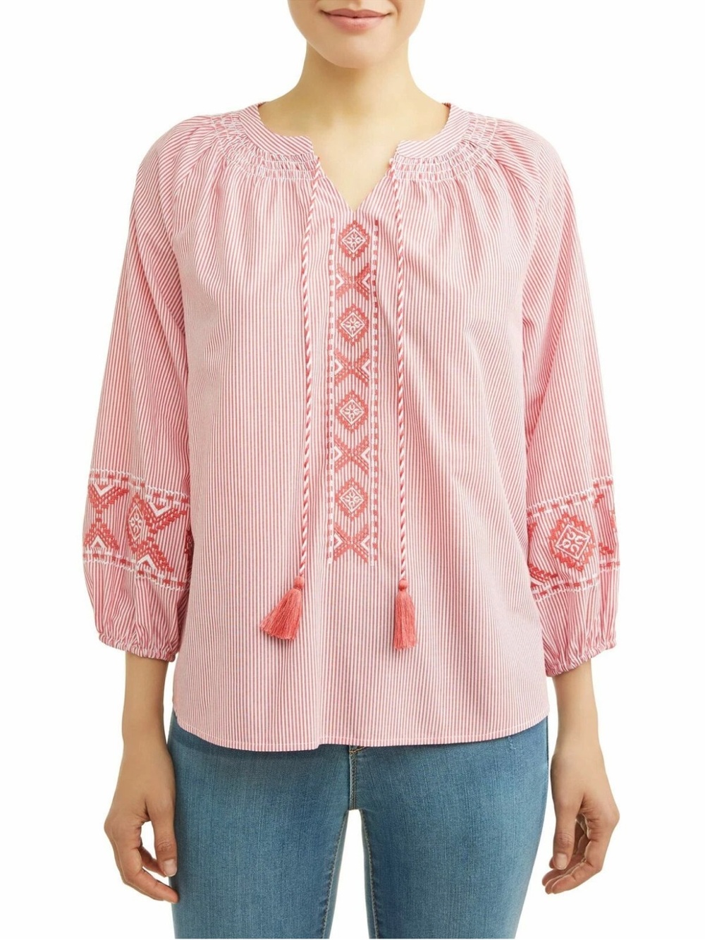Time and Tru Women's Size Medium 8-10 Embroidered Smock Neck Top Coral Bisque